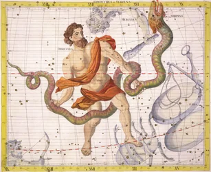 Stjernebilledet Ophiucus og Serpens, planche 22 fra "Atlas Coelestis", af John Flamsteed (1646-1710), udgivet i 1729 (håndkoloreret stik)